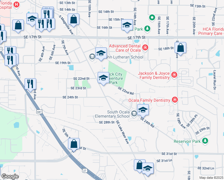 map of restaurants, bars, coffee shops, grocery stores, and more near 1215 Oakhurst Rd in Ocala