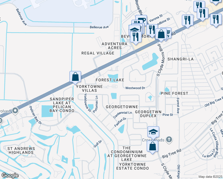 map of restaurants, bars, coffee shops, grocery stores, and more near 108 East Baywood Square in Daytona Beach
