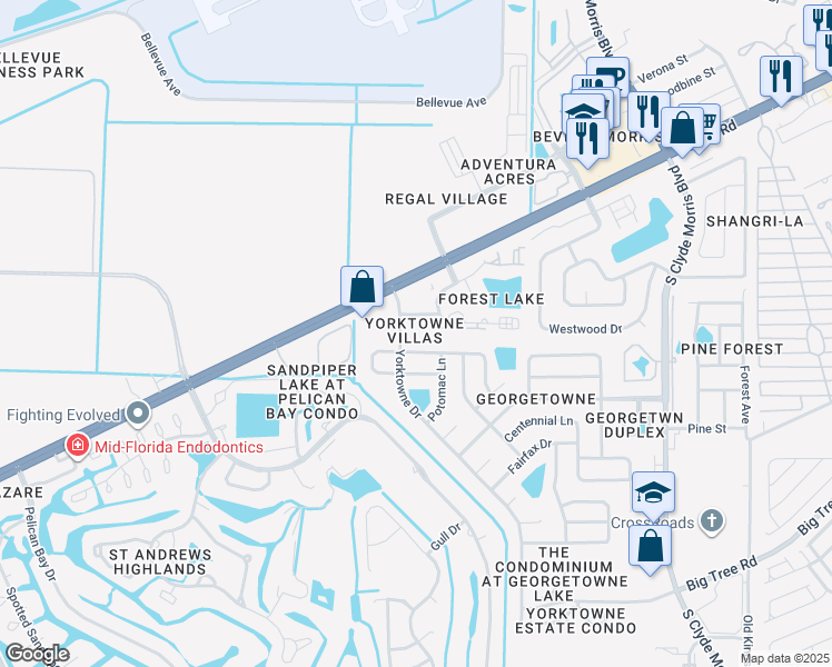 map of restaurants, bars, coffee shops, grocery stores, and more near 213 North Paul Revere Drive in Daytona Beach
