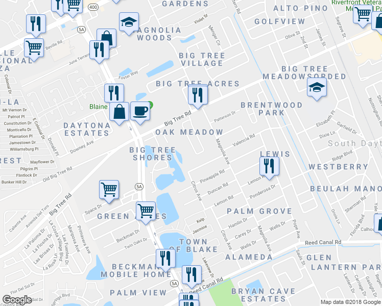 map of restaurants, bars, coffee shops, grocery stores, and more near 2082 Oak Meadow Circle in South Daytona