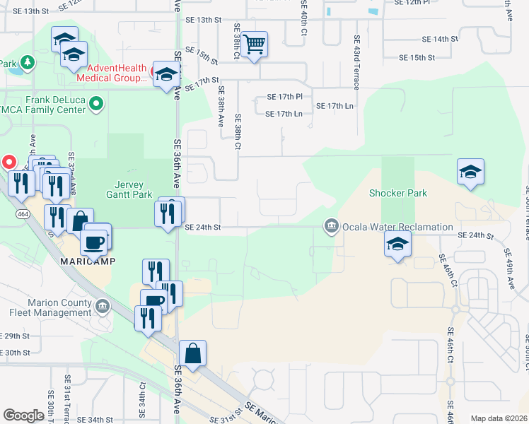 map of restaurants, bars, coffee shops, grocery stores, and more near 3920 Southeast 24th Street in Ocala