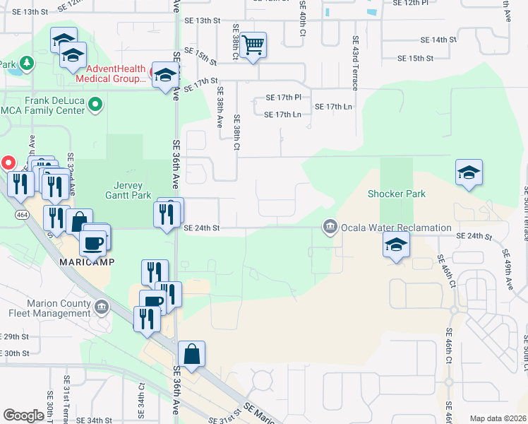map of restaurants, bars, coffee shops, grocery stores, and more near 3920 Southeast 24th Street in Ocala
