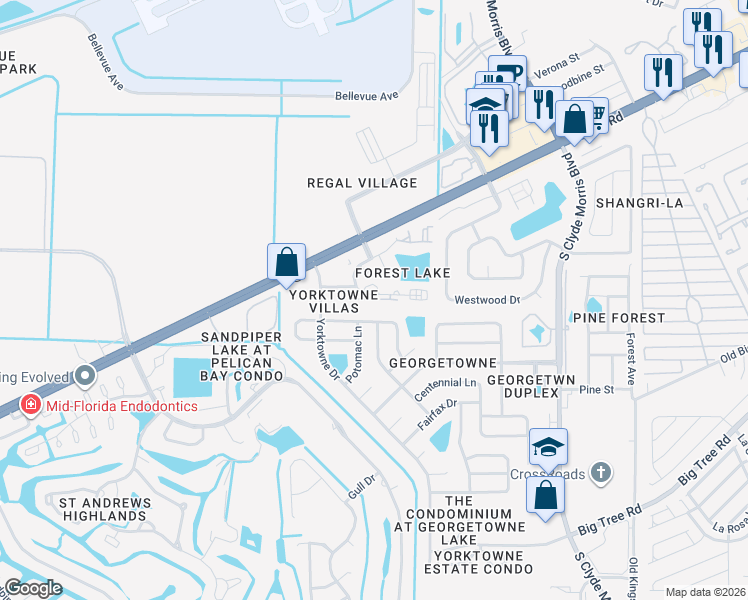 map of restaurants, bars, coffee shops, grocery stores, and more near 137 North Paul Revere Drive in Daytona Beach