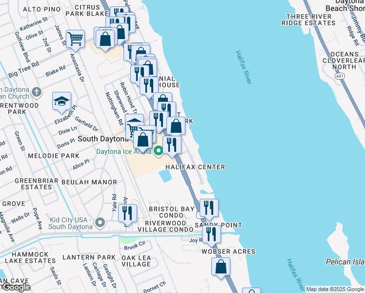 map of restaurants, bars, coffee shops, grocery stores, and more near 2441 Palmetto Circle in Daytona Beach