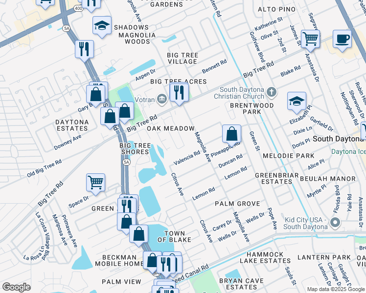 map of restaurants, bars, coffee shops, grocery stores, and more near 922 Valencia Road in South Daytona