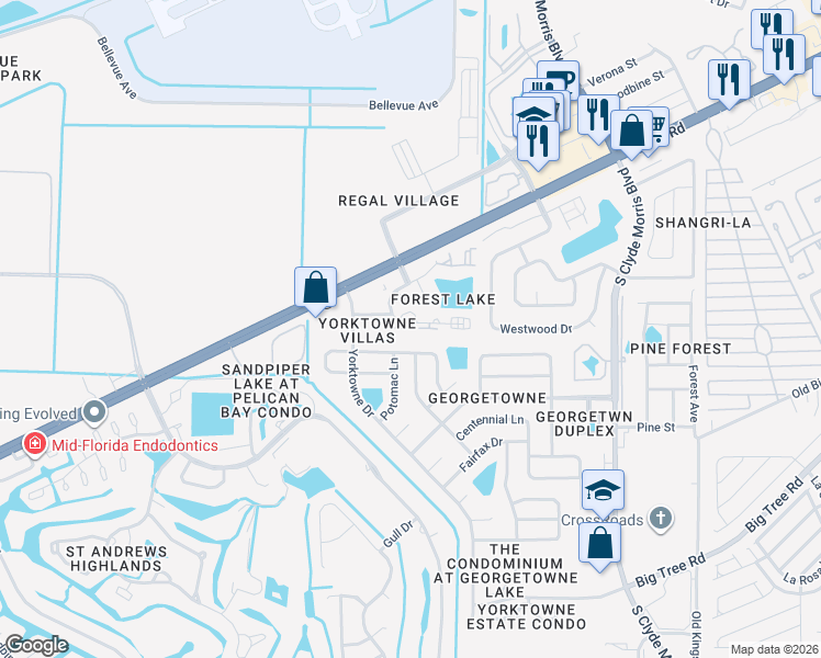 map of restaurants, bars, coffee shops, grocery stores, and more near 137 North Paul Revere Drive in Daytona Beach
