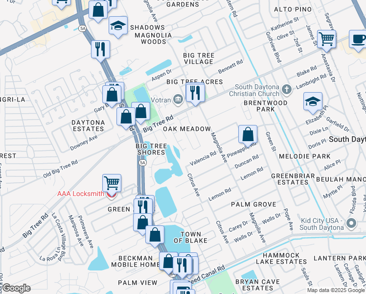 map of restaurants, bars, coffee shops, grocery stores, and more near 942 Valencia Road in South Daytona