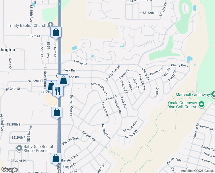 map of restaurants, bars, coffee shops, grocery stores, and more near 36 Almond Pass Drive in Ocala
