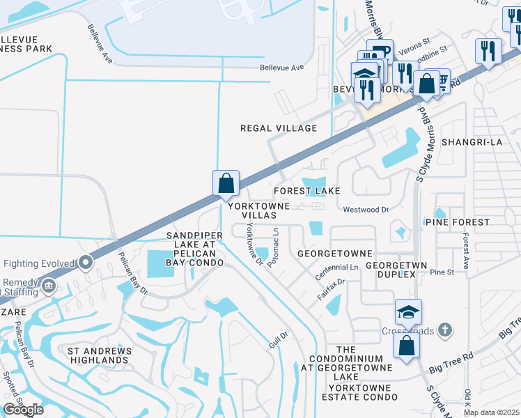 map of restaurants, bars, coffee shops, grocery stores, and more near 175 Yorktowne Drive in Daytona Beach