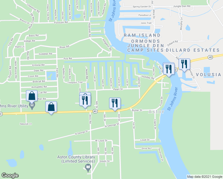 map of restaurants, bars, coffee shops, grocery stores, and more near 24528 Pearl Street in Astor