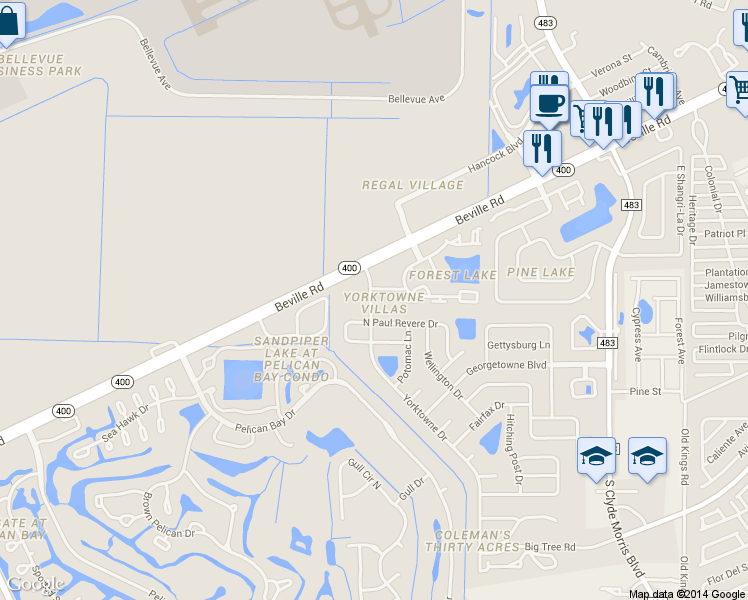 map of restaurants, bars, coffee shops, grocery stores, and more near 175 Yorktowne Drive in Daytona Beach