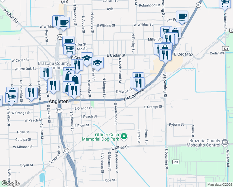 map of restaurants, bars, coffee shops, grocery stores, and more near 216 North Anderson Street in Angleton
