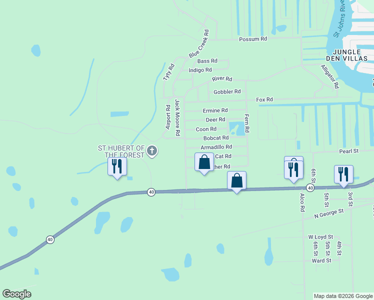 map of restaurants, bars, coffee shops, grocery stores, and more near 23904 Bobcat Road in Astor
