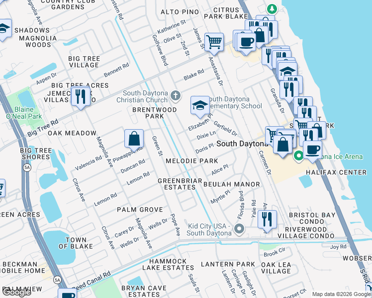 map of restaurants, bars, coffee shops, grocery stores, and more near 2243 Oriole Lane in South Daytona