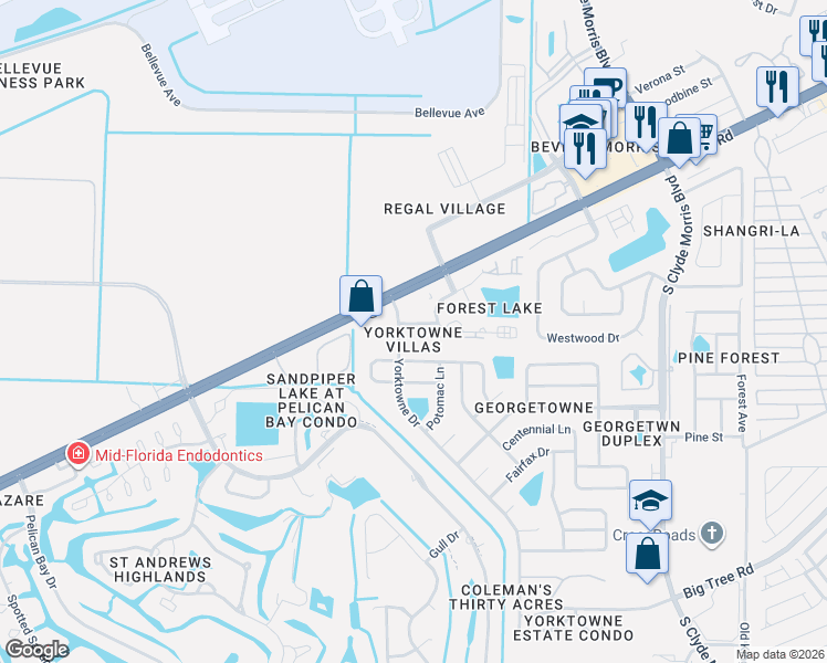 map of restaurants, bars, coffee shops, grocery stores, and more near 252 Forest Lake Boulevard in Daytona Beach