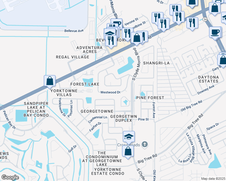 map of restaurants, bars, coffee shops, grocery stores, and more near 161 Westwood Drive in Daytona Beach