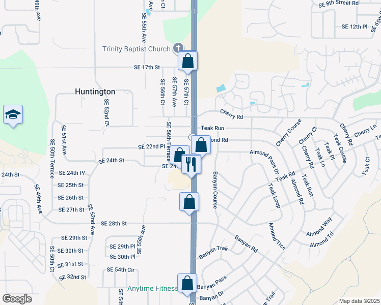 map of restaurants, bars, coffee shops, grocery stores, and more near 5791 Southeast 23rd Lane in Ocala