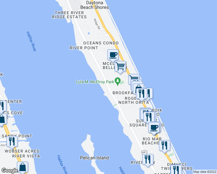 map of restaurants, bars, coffee shops, grocery stores, and more near 2 Oceans West Boulevard in Daytona Beach Shores