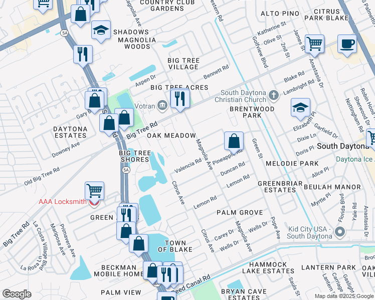 map of restaurants, bars, coffee shops, grocery stores, and more near 2037 Oak Meadow Circle in South Daytona