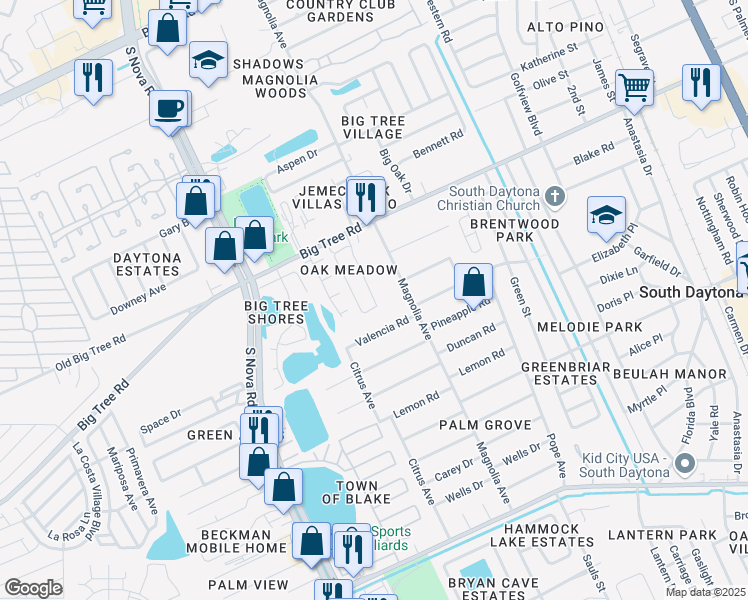 map of restaurants, bars, coffee shops, grocery stores, and more near 2037 Oak Meadow Circle in South Daytona