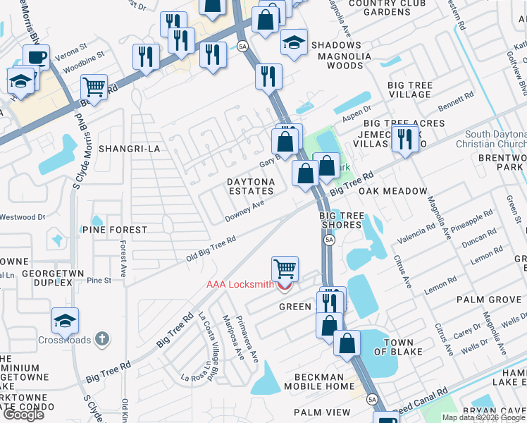 map of restaurants, bars, coffee shops, grocery stores, and more near 1943 Fern Place in Daytona Beach