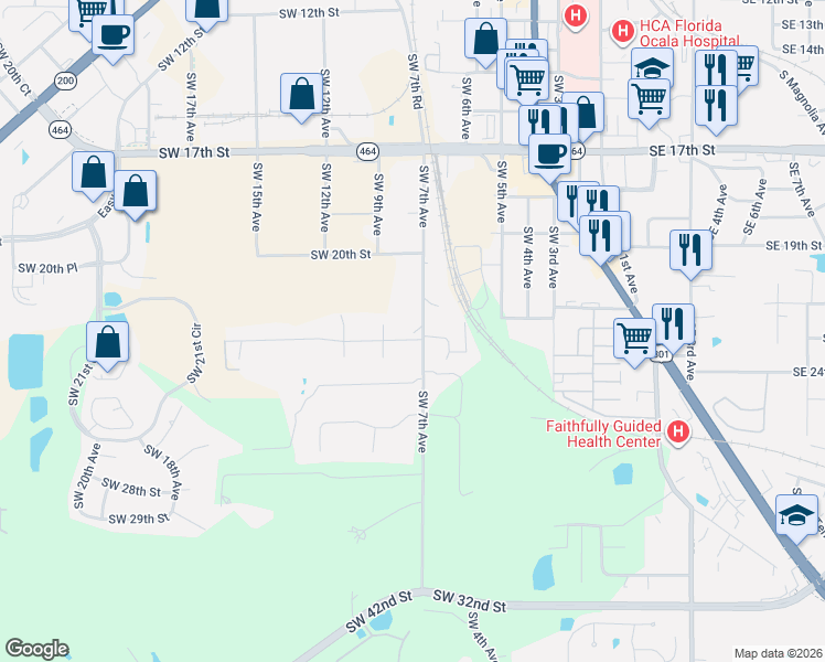map of restaurants, bars, coffee shops, grocery stores, and more near 2221 Southwest 7th Avenue in Ocala