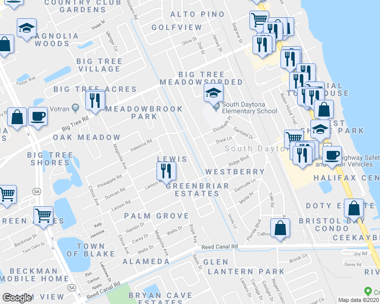 map of restaurants, bars, coffee shops, grocery stores, and more near 2139 Brian Avenue in Daytona Beach