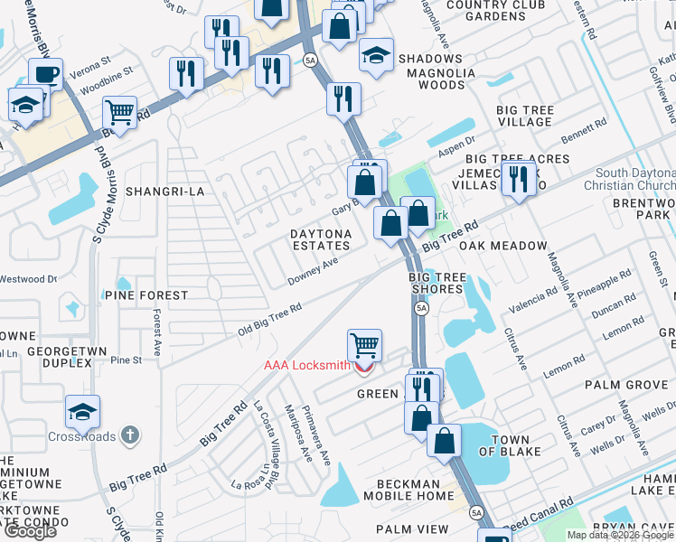 map of restaurants, bars, coffee shops, grocery stores, and more near 1943 Fern Place in Daytona Beach