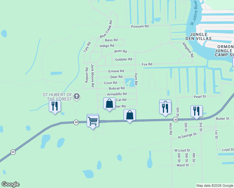 map of restaurants, bars, coffee shops, grocery stores, and more near 24047 Armadillo Road in Astor
