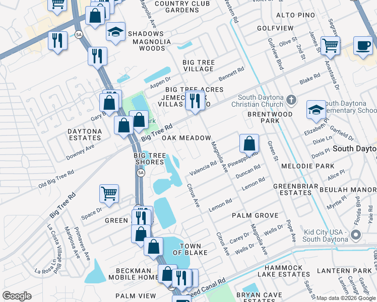 map of restaurants, bars, coffee shops, grocery stores, and more near 2100 Oak Meadow Circle in South Daytona