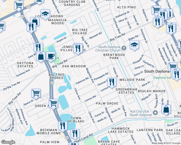 map of restaurants, bars, coffee shops, grocery stores, and more near 890 Valencia Road in South Daytona