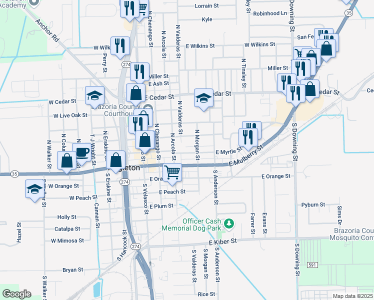 map of restaurants, bars, coffee shops, grocery stores, and more near 421 East Myrtle Street in Angleton