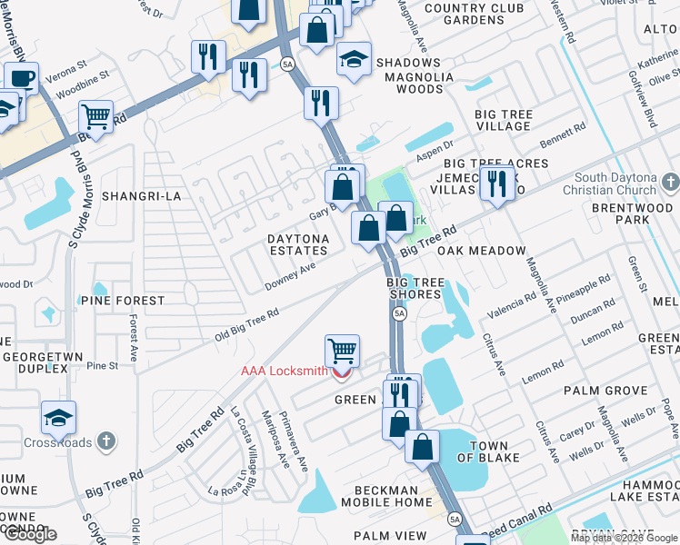 map of restaurants, bars, coffee shops, grocery stores, and more near 1010 Big Tree Road in Daytona Beach