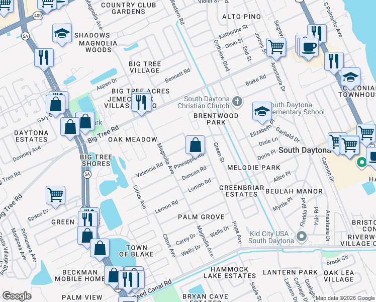 map of restaurants, bars, coffee shops, grocery stores, and more near 858 Valencia Road in South Daytona