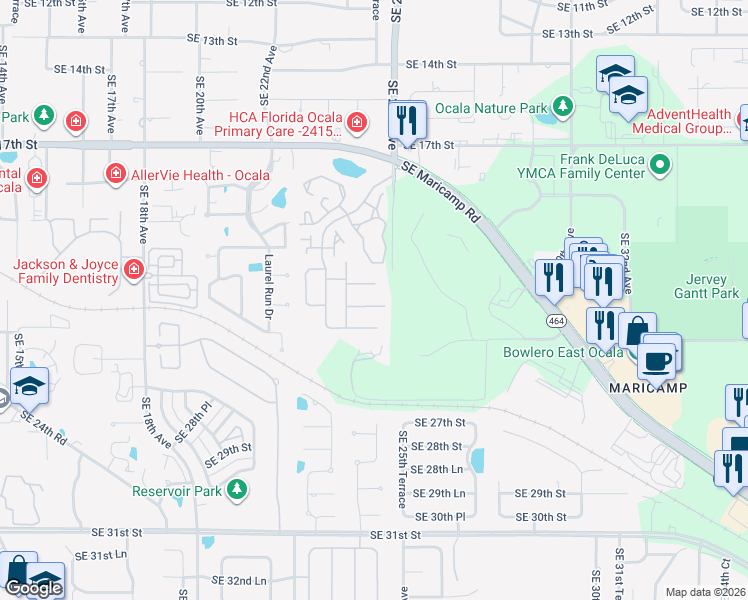 map of restaurants, bars, coffee shops, grocery stores, and more near 2418 Southeast 22nd Place in Ocala