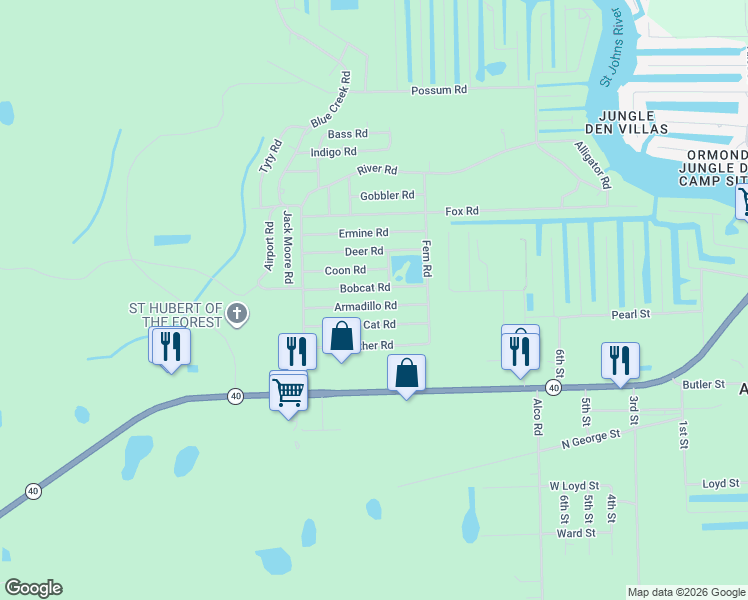 map of restaurants, bars, coffee shops, grocery stores, and more near 24047 Armadillo Road in Astor