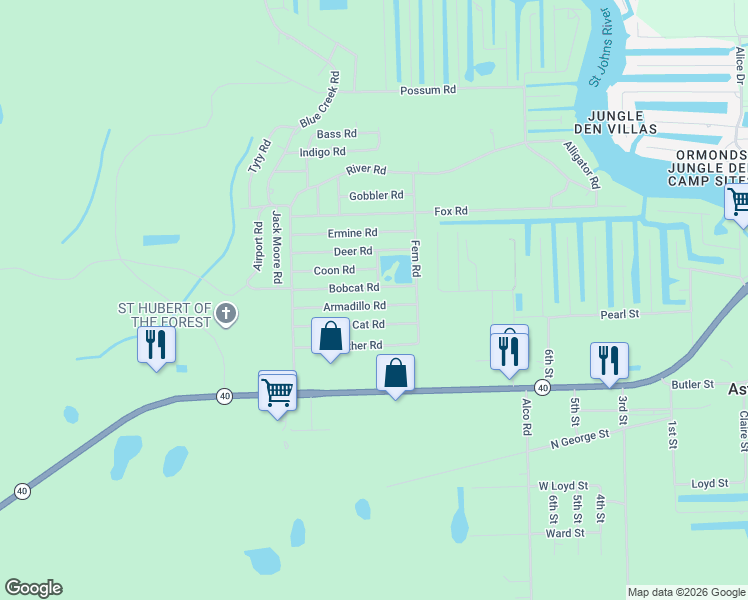 map of restaurants, bars, coffee shops, grocery stores, and more near 24047 Armadillo Road in Astor