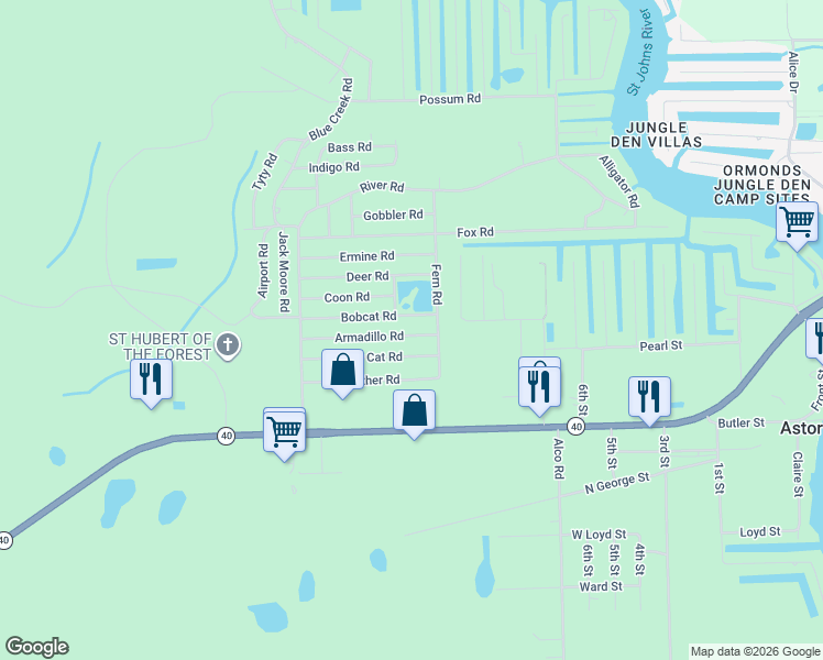 map of restaurants, bars, coffee shops, grocery stores, and more near 24144 Bobcat Road in Astor