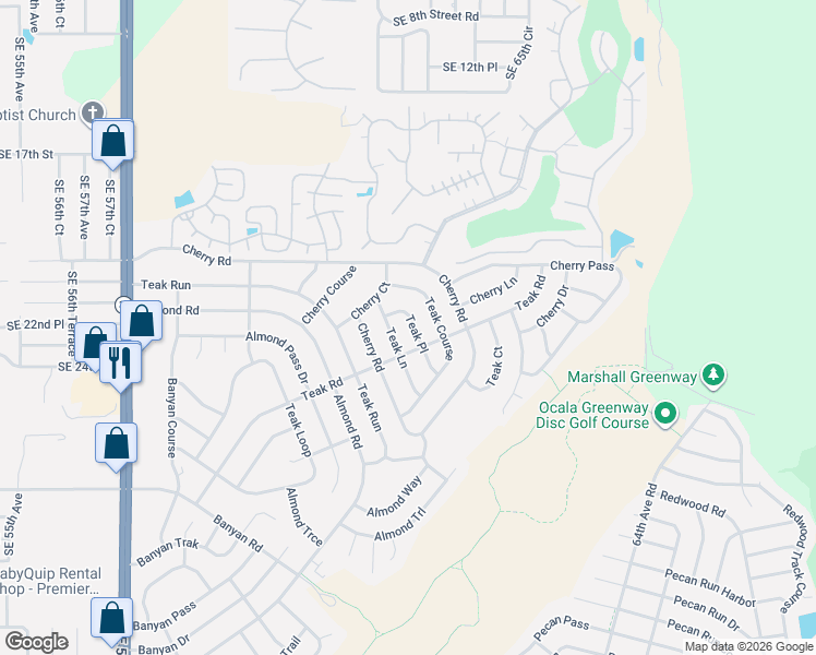 map of restaurants, bars, coffee shops, grocery stores, and more near 14 Teak Place in Ocala