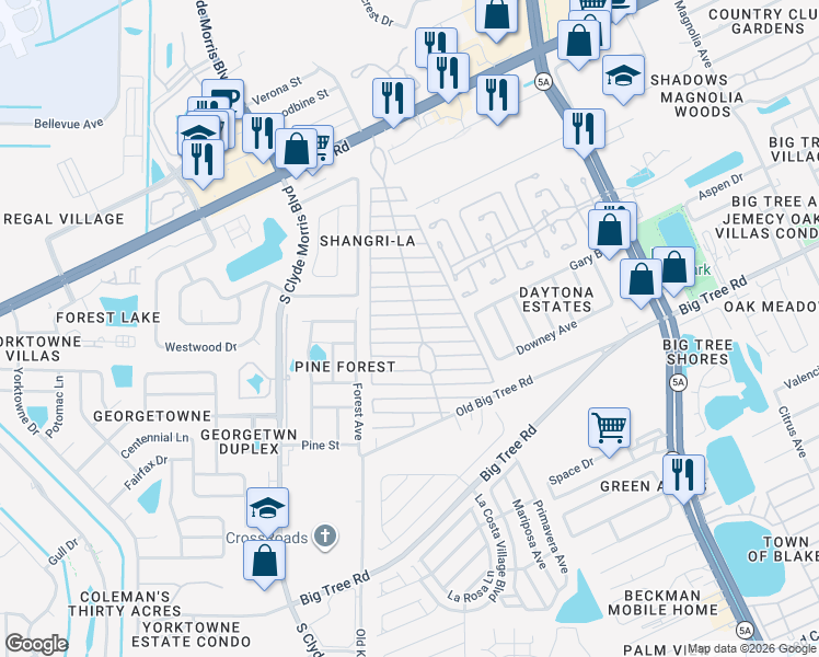 map of restaurants, bars, coffee shops, grocery stores, and more near 1280 Jamestown Drive in Daytona Beach