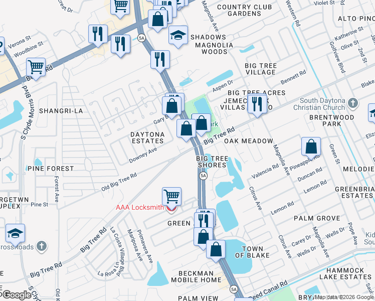 map of restaurants, bars, coffee shops, grocery stores, and more near 1010 Big Tree Road in Daytona Beach