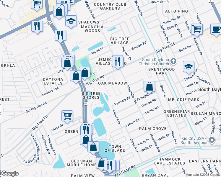 map of restaurants, bars, coffee shops, grocery stores, and more near 2100 Oak Meadow Circle in South Daytona