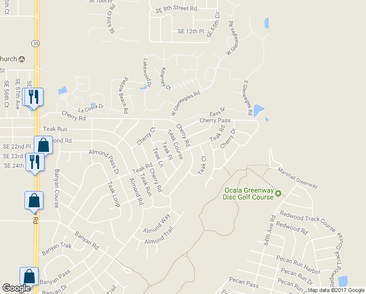 map of restaurants, bars, coffee shops, grocery stores, and more near 79 Teak Road in Ocala