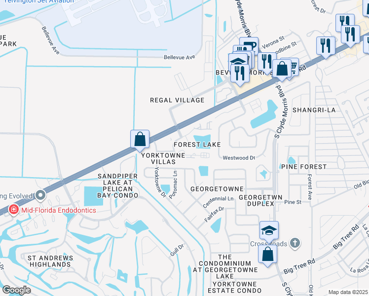 map of restaurants, bars, coffee shops, grocery stores, and more near 132 Cedarwood Village Circle in Daytona Beach