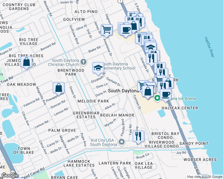 map of restaurants, bars, coffee shops, grocery stores, and more near 2210 Colfax Drive in South Daytona