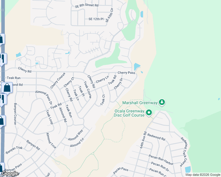 map of restaurants, bars, coffee shops, grocery stores, and more near 3 Cherry Drive in Ocala