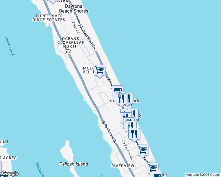 map of restaurants, bars, coffee shops, grocery stores, and more near 3050 Jimmy Buffett Memorial Highway in Daytona Beach Shores