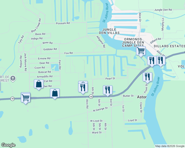 map of restaurants, bars, coffee shops, grocery stores, and more near 55636 Carl Street in Astor