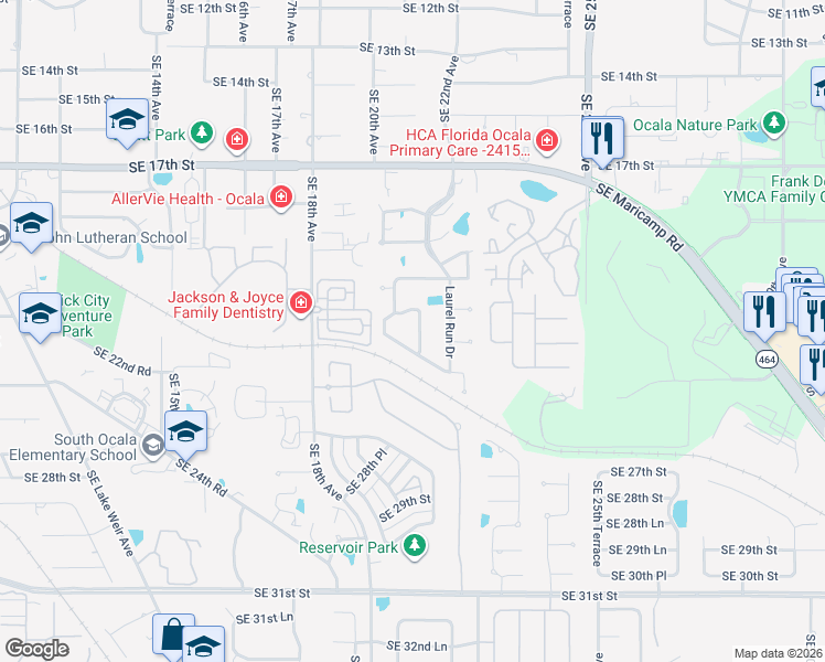 map of restaurants, bars, coffee shops, grocery stores, and more near 2220 Mill Creek Circle in Ocala