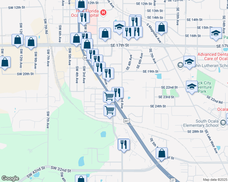 map of restaurants, bars, coffee shops, grocery stores, and more near 117 Southeast 22nd Place in Ocala